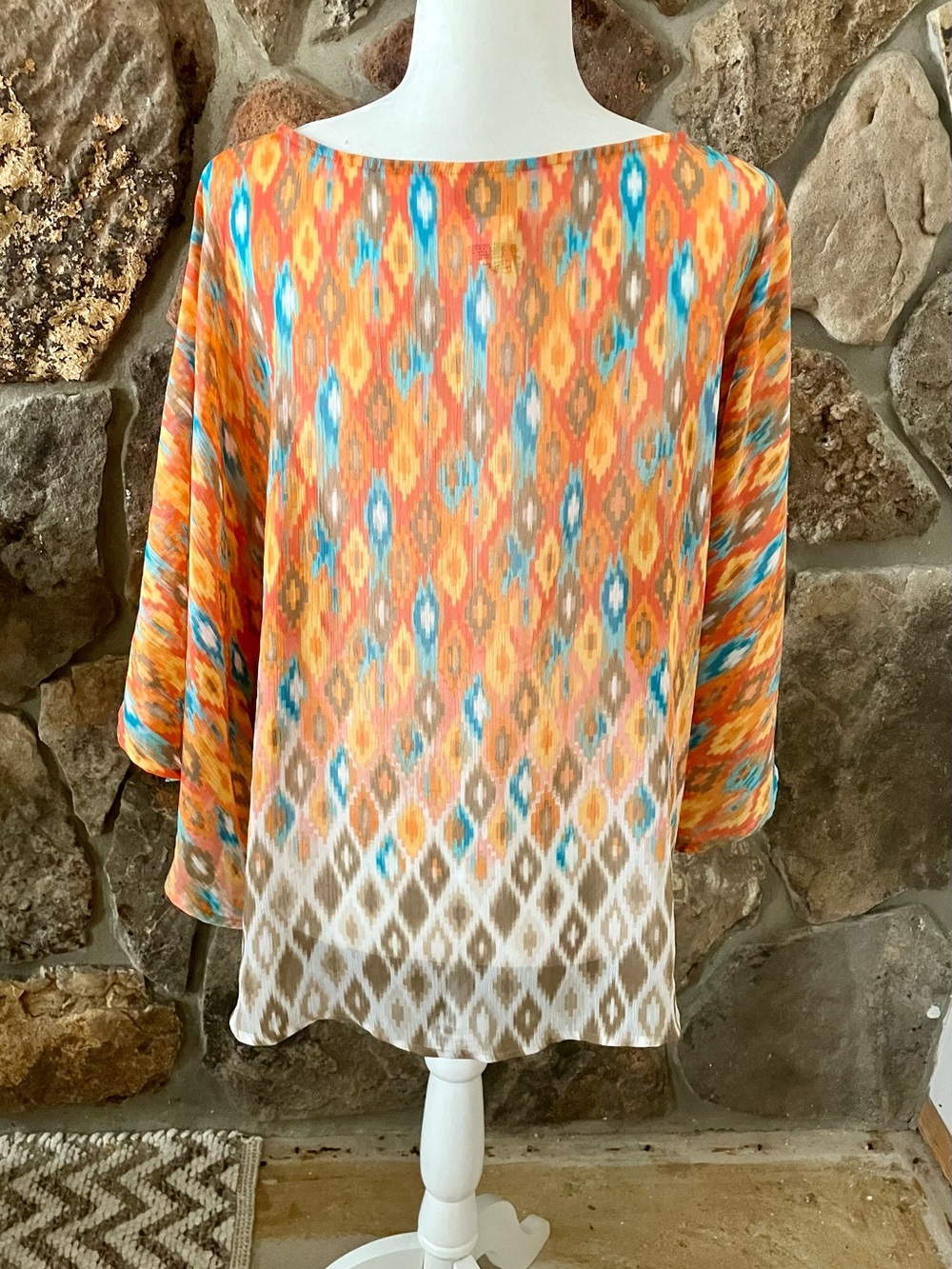Ruby Rd. Orange and Aqua Ikat Pullover Tunic